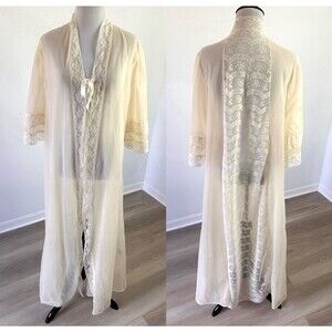 Vintage Elise Stevens Ivory Sheer Chiffon Lace Nylon Peignoir Robe Plus Size M